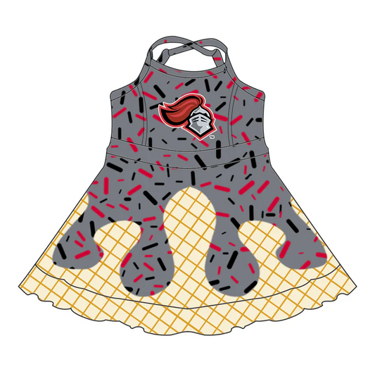 7.2 Preorder (moq 5)Baby Girls Gray Strap Spartan Drip Shorts Ruffle Team Knee Length Dress