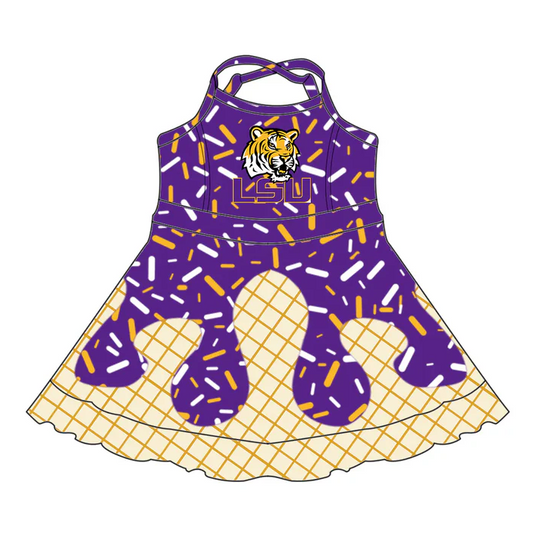 7.3 Preorder (moq 5)Baby Girls Strap Drip Purple LSU Shorts Ruffle Team Knee Length Dresses