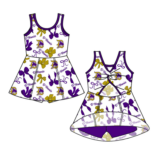 7.3 Preorder (moq 5)Baby Girls Purple Sleeveless Horse Rodeos Bows Plaid Shorts Team Knee Length Dresses