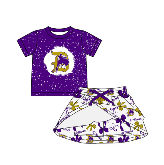 7.3 Preorder (moq 5)Baby Girls Purple Short Sleeves Horse Rodeos Top Bows Plaid Skorts Team Set