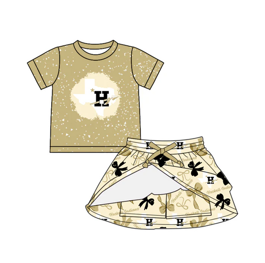 7.3 Preorder (moq 5)Baby Girls Short Sleeves Haskell Indians Top Bows Plaid Skorts Team Set