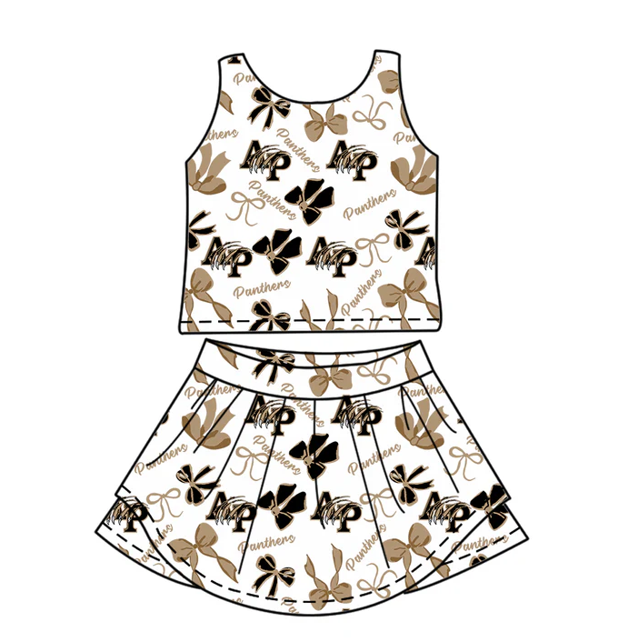 7.3 Preorder (moq 5)Baby Girls Brown Sleeveless AP Bows Plaid Top Skorts Team Set