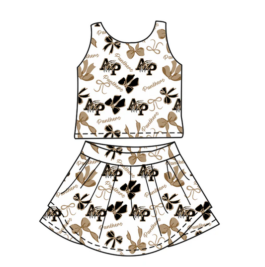 7.3 Preorder (moq 5)Baby Girls Brown Sleeveless AP Bows Plaid Top Skorts Team Set