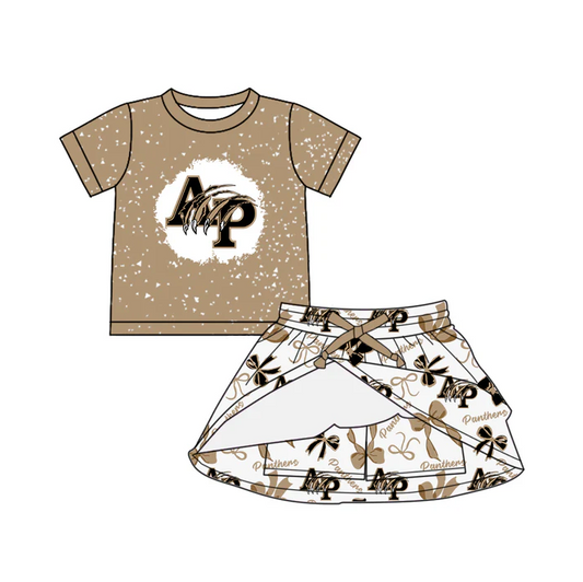 7.3 Preorder (moq 5)Baby Girls Brown Short Sleeves AP Top Bows Plaid Skorts Team Set