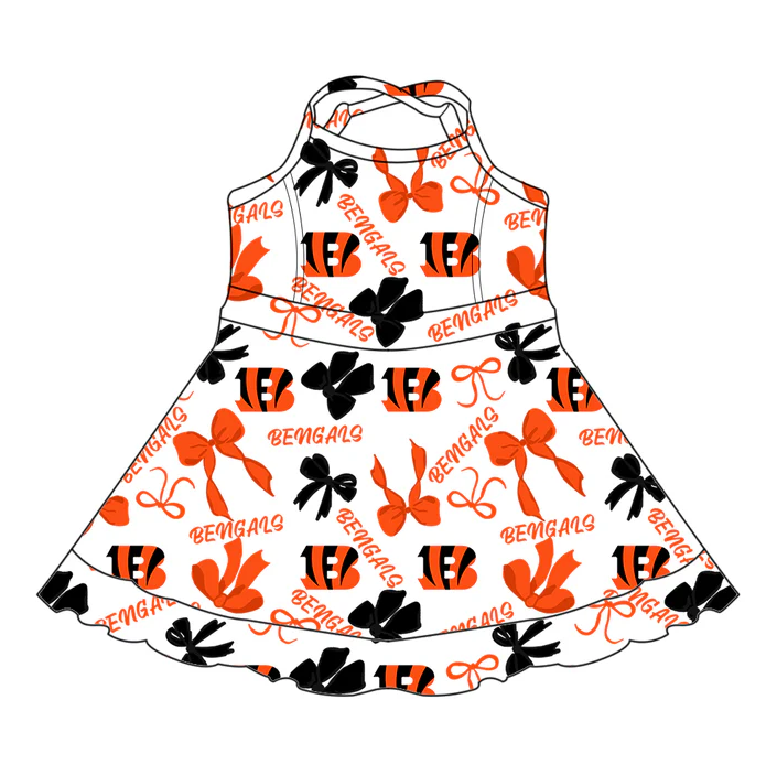 7.3 Preorder (moq 5)Baby Girls Strap Bengals Bows Plaid Shorts Ruffle Team Knee Length Dresses