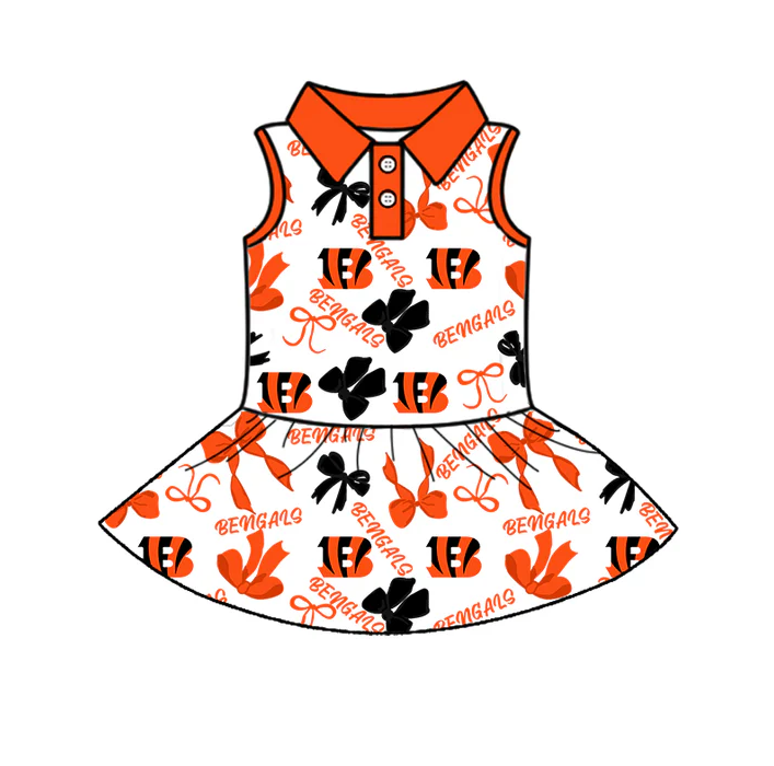 7.3 Preorder (moq 5)Baby Girls Red Sleeveless Bengals Bows Plaid Button Team Knee Length Dresses