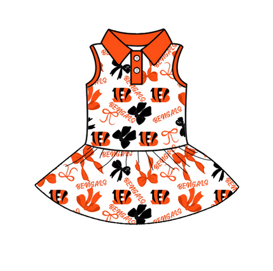 7.3 Preorder (moq 5)Baby Girls Red Sleeveless Bengals Bows Plaid Button Team Knee Length Dresses