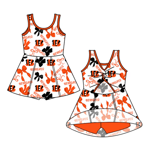 7.3 Preorder (moq 5)Baby Girls Red Sleeveless Bengals Bows Plaid Shorts Team Knee Length Dresses