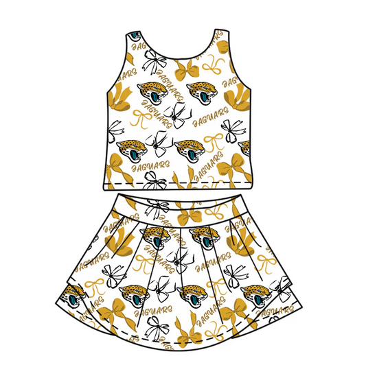 7.3 Preorder (moq 5)Baby Girls Sleeveless Eaguars Bows Plaid Top Skorts Team Set