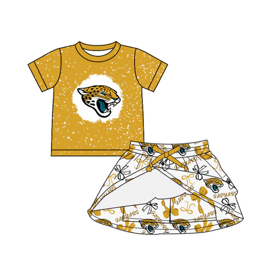 7.3 Preorder (moq 5)Baby Girls Yellow Short Sleeves Eaguars Top Bows Plaid Skorts Team Set