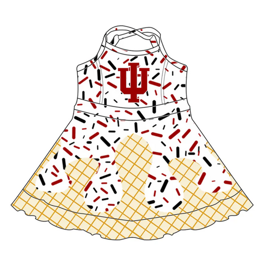 7.3 Preorder (moq 5)Baby Girls Strap Red Trident Drip Shorts Ruffle Team Knee Length Dresses