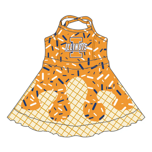 7.3 Preorder (moq 5)Baby Girls Orange Strap ILLINOIS Drip Shorts Ruffle Team Knee Length Dresses