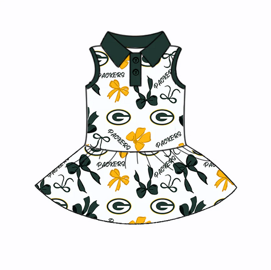 7.3 Preorder (moq 5)Baby Girls Green Sleeveless Bows Plaid G Button Team Knee Length Dresses