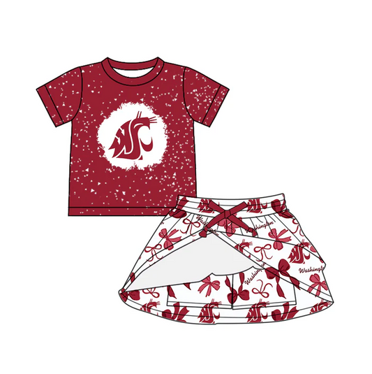7.3 Preorder (moq 5)Baby Girls Red Short Sleeves Top Bows Plaid Washinqton Skorts Team Set