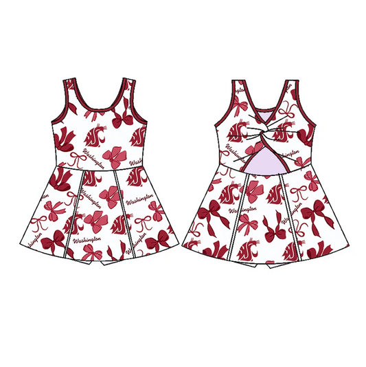 7.3 Preorder (moq 5)Baby Girls Red Sleeveless Bows Plaid Washinqton Shorts Team Knee Length Dresses