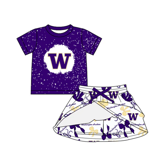 7.3 Preorder (moq 5)Baby Girls Purple Short Sleeves W Top Bows Plaid Skorts Team Set