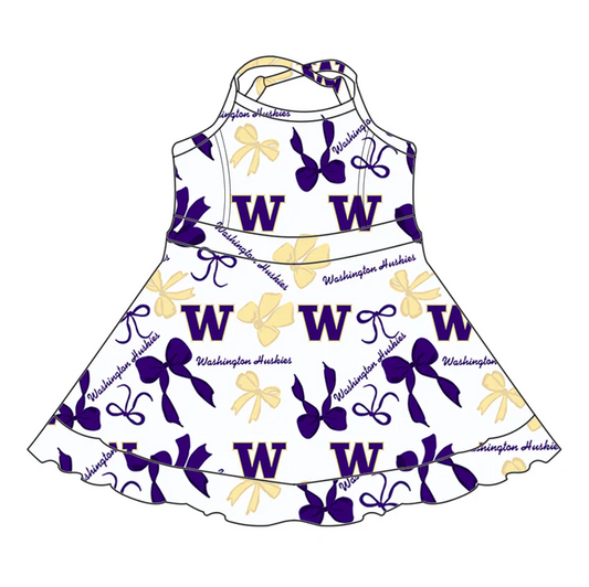 7.3 Preorder (moq 5)Baby Girls Purple Strap W Bows Plaid Shorts Ruffle Team Knee Length Dresses