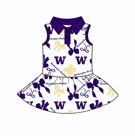 7.3 Preorder (moq 5)Baby Girls Purple Sleeveless W Bows Plaid Button Team Knee Length Dresses