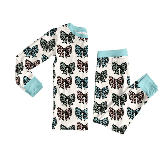 7.4 Preorder (moq 5)Baby Girls Long Sleeves Leopard Bows Plaid Top Pant Pajamas Clothes Set