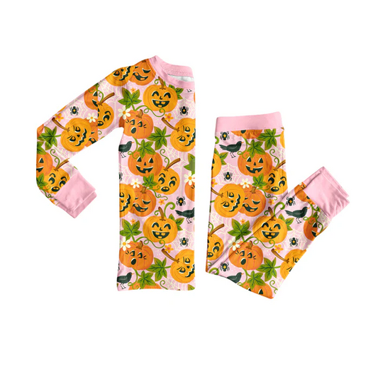 7.4 Preorder (moq 5)Baby Girls Long Sleeves Pumpkins Plaid Top Pant Pajamas Clothes Set
