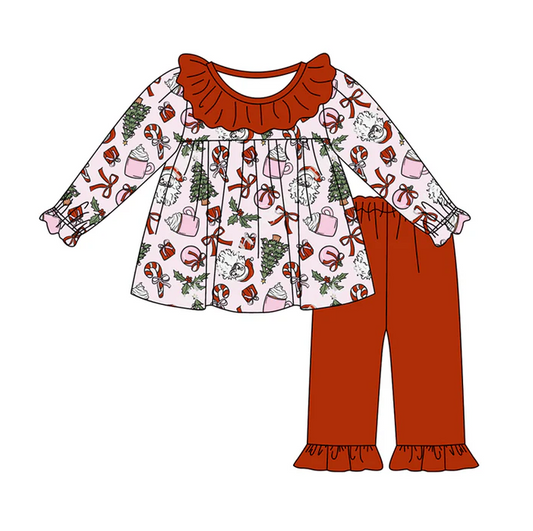 7.4 Preorder (moq 5)Baby Girls Long Sleeves Bows Trees Tunic Red Ruffle Pant Clothes Set