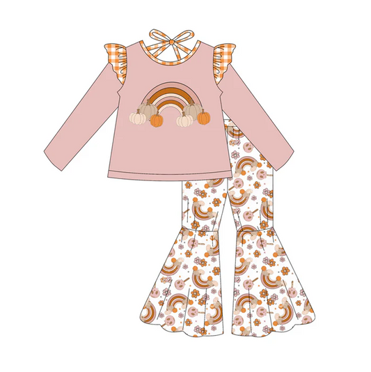 7.4 Preorder (moq 5)Baby Girls Pink Long Sleeves Pumpkins Rainbows Top Bell Bottom Pant Clothes Set