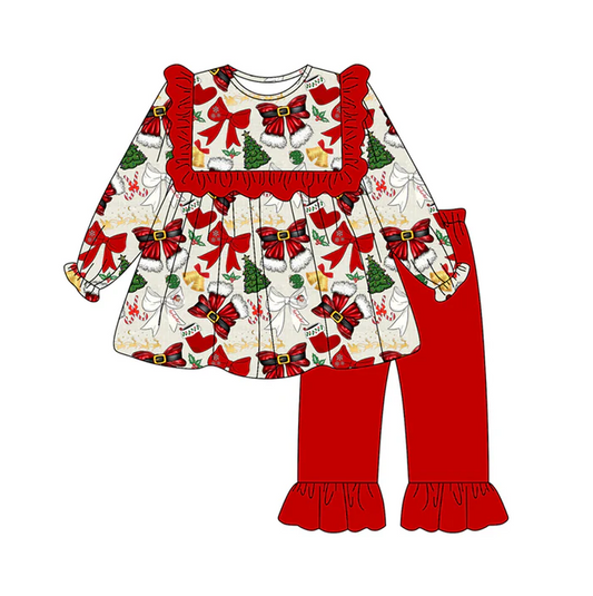 7.4 Preorder (moq 5)Baby Girls Long Sleeves Red Bows Trees Tunic Ruffle Pant Clothes Set