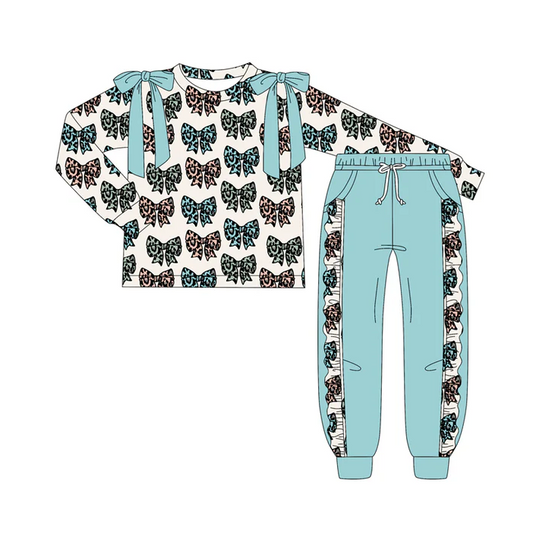 7.4 Preorder (moq 5)Baby Girls Long Sleeves Leopard Bows Plaid Top Pockets Pant Clothes Set