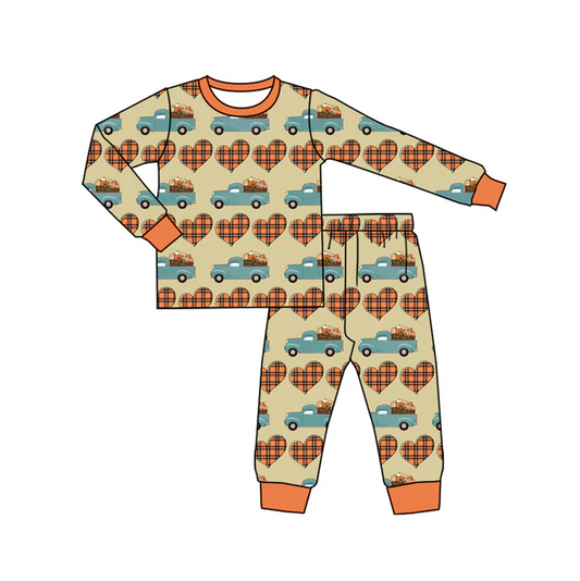 7.4 Preorder (moq 5)Baby Boys Long Sleeves Plaid Hearts Truck Pumpkins Top Pant Pajamas Set