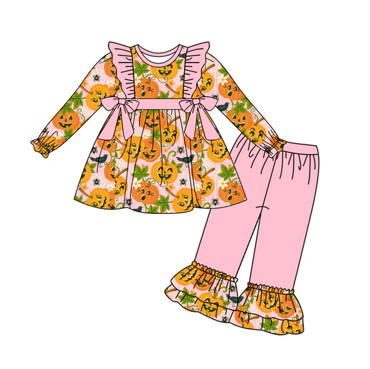 7.4 Preorder (moq 5)Baby Girls Long Sleeves Pumpkins Bows Tunic Ruffle Pant Clothes Set