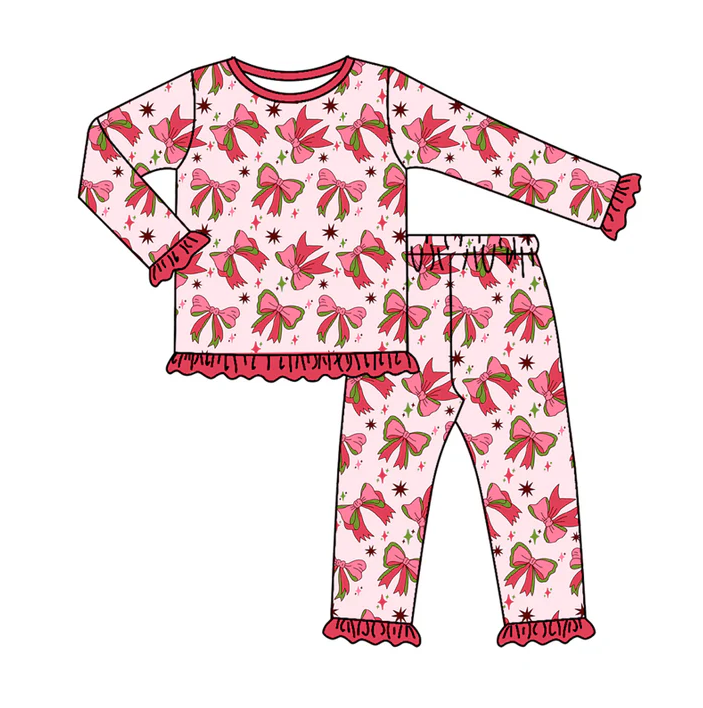 7.4 Preorder (moq 5)Baby Girls Long Sleeves Red Bows Stars Plaid Top Pant Pajamas Clothes Set