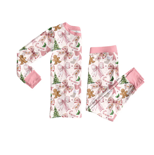 7.4 Preorder (moq 5)Baby Girls Long Sleeves Pink Bows Gingerbread Top Pant Pajamas Clothes Set