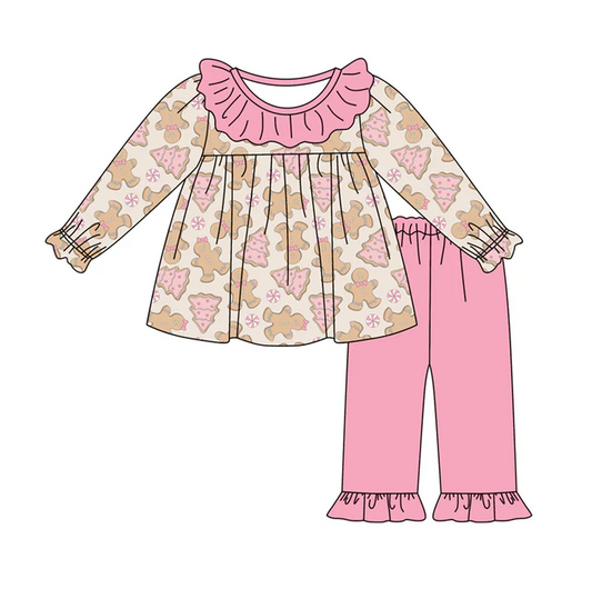 7.4 Preorder (moq 5)Baby Girls Long Sleeves Pink Candy Gingerbread Tunic Ruffle Pant Clothes Set