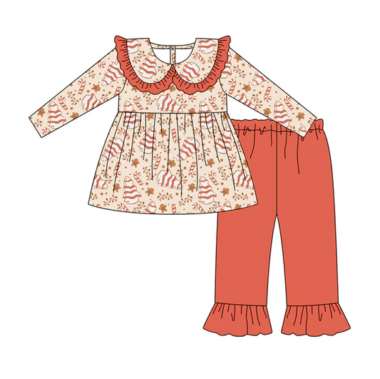 7.4 Preorder (moq 5)Baby Girls Long Sleeves Trees Gingerbread Tunic Ruffle Pant Clothes Set