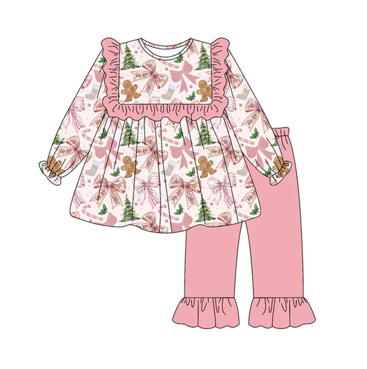 7.4 Preorder (moq 5)Baby Girls Long Sleeves Pink Bows Gingerbread Tunic Ruffle Pant Clothes Set