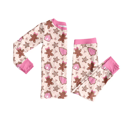 7.4 Preorder (moq 5)Baby Girls Long Sleeves Pink Gingerbread Trees Top Pant Pajamas Clothes Set