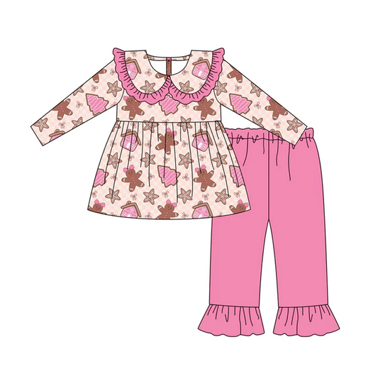7.4 Preorder (moq 5)Baby Girls Long Sleeves Pink Gingerbread Trees Tunic Ruffle Pant Clothes Set