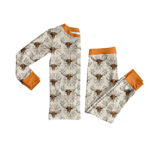 7.4 Preorder (moq 5)Baby Girls Long Sleeves Flower Bull Skull Plaid Top Pant Pajamas Clothes Set