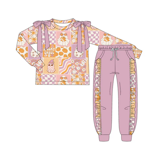 7.4 Preorder (moq 5)Baby Girls Long Sleeves Ghost Pumpkins Plaid Top Pockets Pant Clothes Set