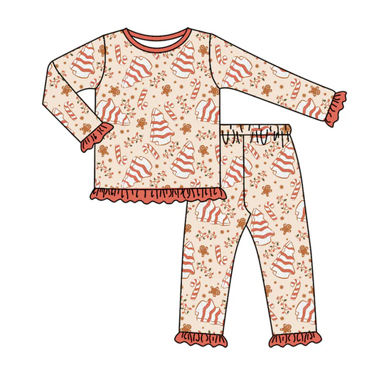 7.4 Preorder (moq 5)Baby Girls Long Sleeves Trees Gingerbread Top Pant Pajamas Clothes Set
