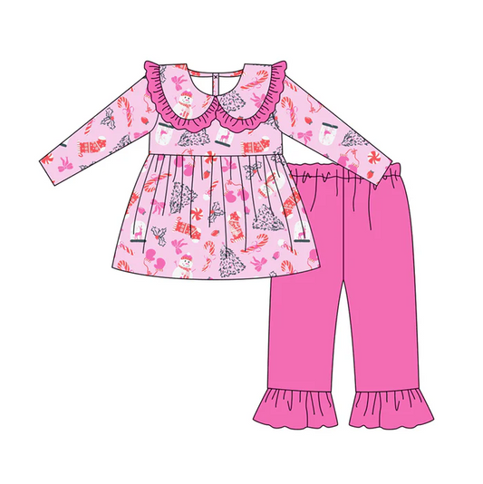 7.4 Preorder (moq 5)Baby Girls Long Sleeves Bows Snowman Tunic Ruffle Pant Clothes Set