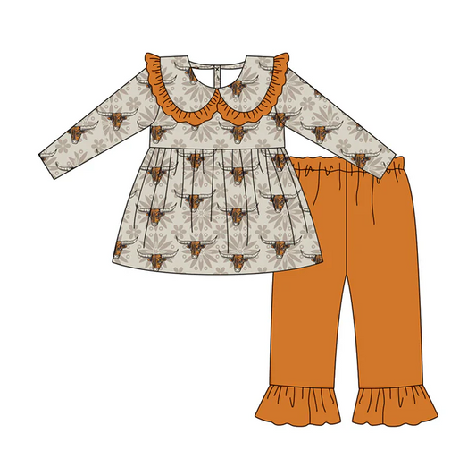 7.4 Preorder (moq 5)Baby Girls Long Sleeves Flowers Bull Skull Tunic Ruffle Pant Clothes Set