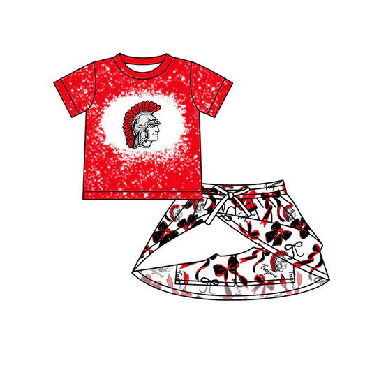 7.3 Preorder (moq 5)Baby Girls Short Sleeves Red Trojans Top Bows Skorts Team Sets