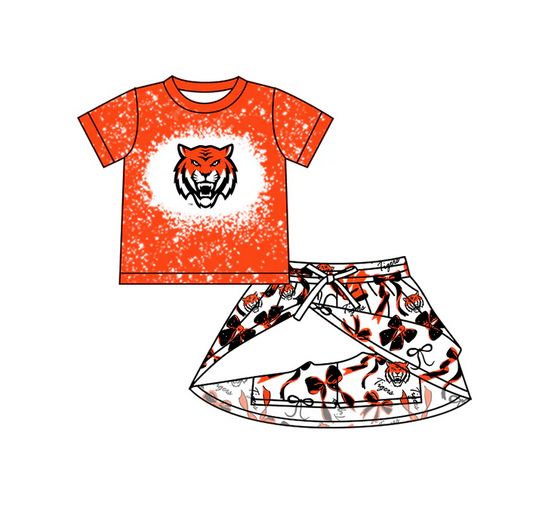 7.3 Preorder (moq 5)Baby Girls Short Sleeves Orange Tigers Top Bows Skorts Team Sets