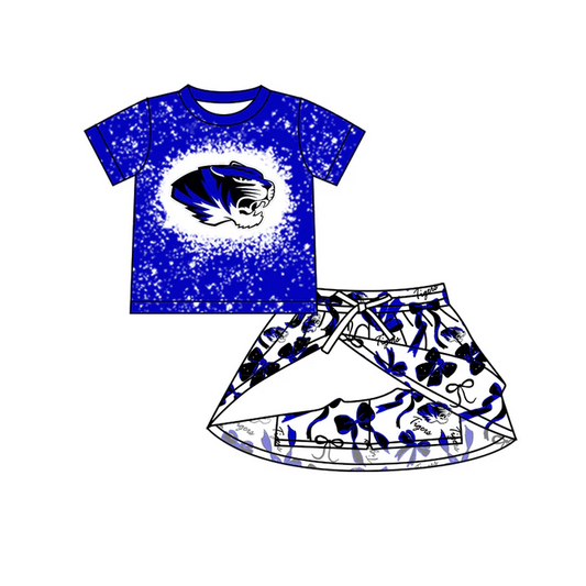 7.3 Preorder (moq 5)Baby Girls Short Sleeves Blue Tigers Top Bows Skorts Team Sets