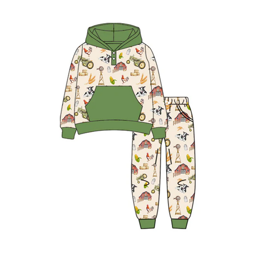 7.4 Preorder (moq 5)Baby Boys Long Sleeves Cows Houses Pockets Button Hoodies Pant Clothes Set