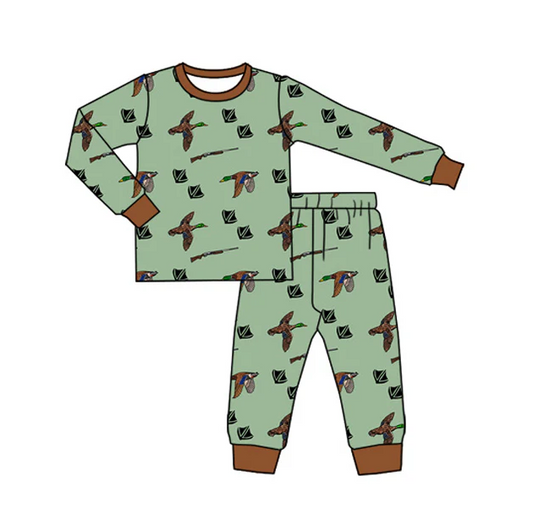 7.4 Preorder (moq 5)Baby Boys Long Sleeves Green Ducks Plaid Top Pant Pajamas Clothes Set