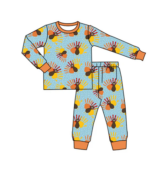 7.4 Preorder (moq 5)Baby Boys Long Sleeves Turkey Plaid Top Pant Pajamas Clothes Set