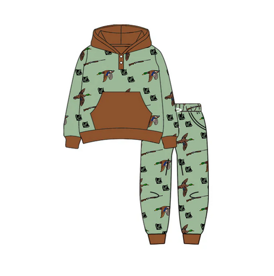 7.4 Preorder (moq 5)Baby Boys Long Sleeves Green Ducks Plaid Pockets Button Hoodies Pant Clothes Set