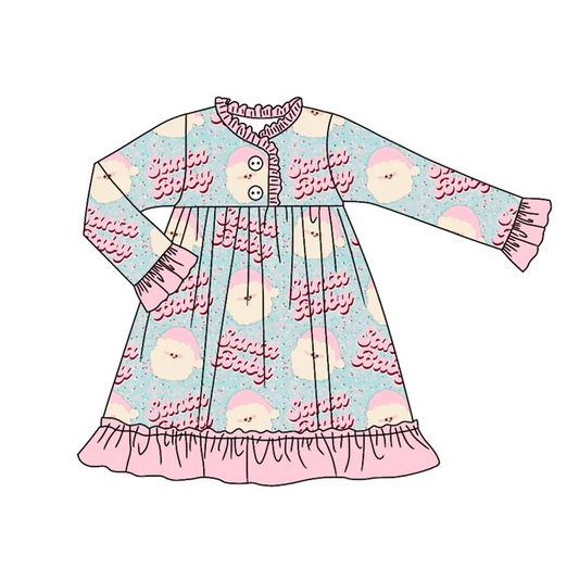 7.5 Preorder (moq 5)Baby Girls Long Ruffle Sleeves Pink Santa Babe Button Knee Length Dress